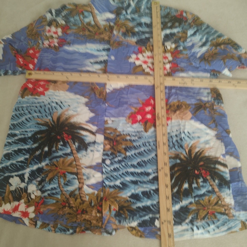 HM Mens XL Blue Tropical Hawaiian Shirt Palm Trees Waves Hibiscus Regular Fit
